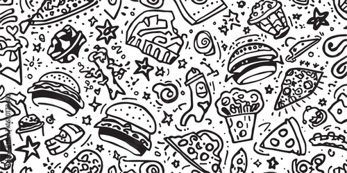 Black and White Food Doodle Pattern with Burgers Pizza and Fries Seamless Design for Backgrounds or Textile Prints