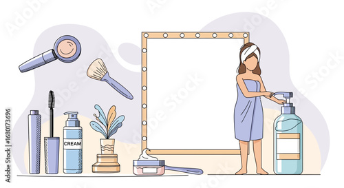 Morning routine with beauty products and a woman in a towel enjoying skincare
