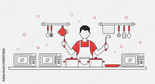 Modern kitchen interior with chef character holding utensils in a playful pose illustration