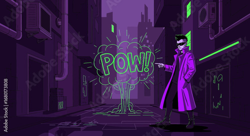 Neon cyberpunk street scene with a mysterious figure and comic book style explosion graphic