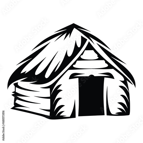 Stylized thatched hut illustration in black and white minimal line art