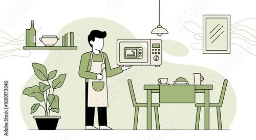 Modern kitchen with chef presenting a microwave oven, promoting new appliances product