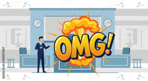 OMG! Comic book styled explosion in a courtroom setting, surprise announcement graphic