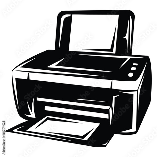 Monochrome image of a modern office printer ready for printing documents