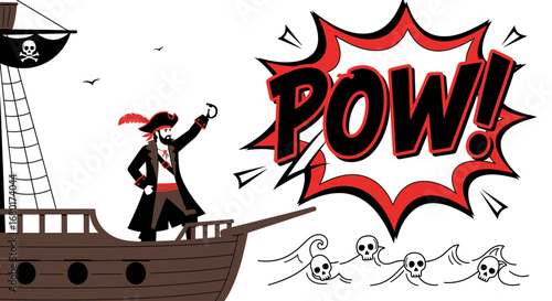 Pirate ship with pirate captain and red POW comic bubble for design elements