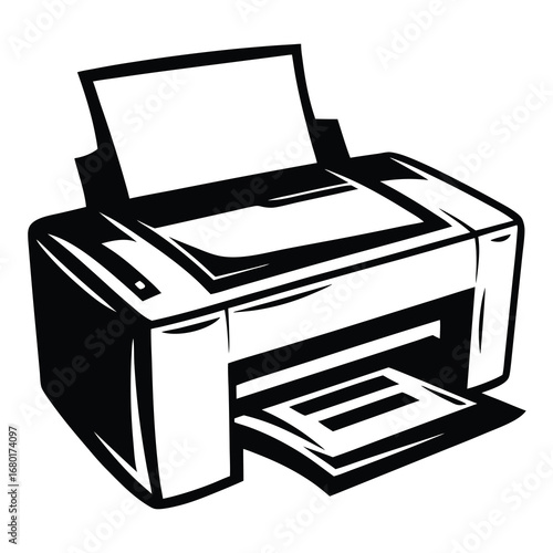 Stylized black and white illustration of a desktop printer with paper output