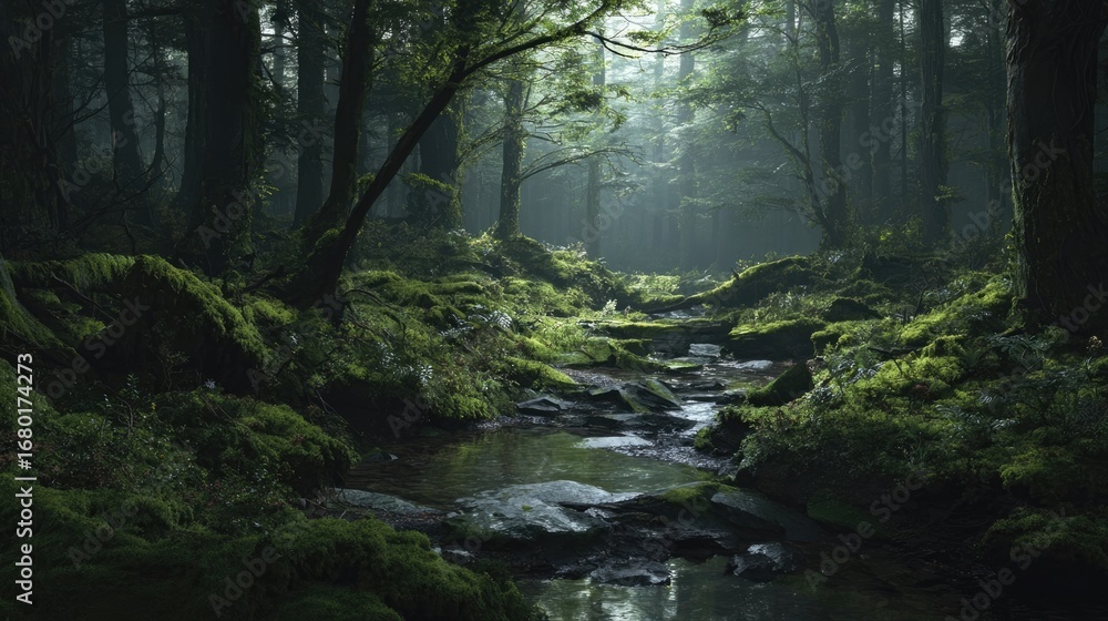 Obraz premium Misty, mossy forest creek. Sunlight filters through trees