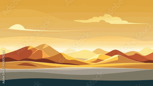 Vibrant golden sunset over majestic mountain range and calm lake vector illustration