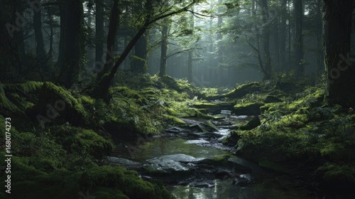 Misty, mossy forest creek. Sunlight filters through trees