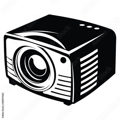 Modern projector in black and white showing the main lens of the device