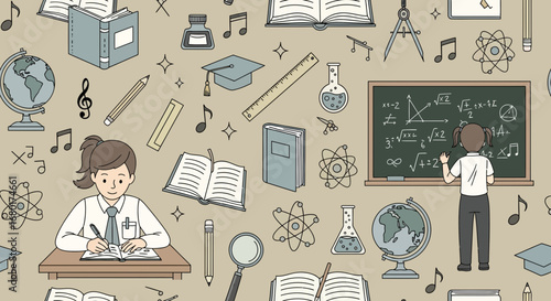 Seamless Pattern Design with Education, Science, Math, and Learning Elements Illustration