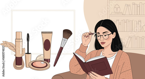 Serene Woman Reading with Makeup, Balancing Intellect and Beauty in a Cozy Setting