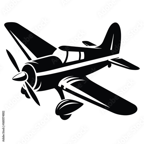 Stylized Black and White Illustration of a Vintage Airplane in Flight