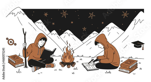 Students embrace outdoor learning with books and campfire beneath starry skies