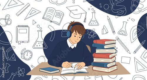 Student immersed in learning at desk surrounded by books and school objects