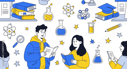 Students studying science subjects illustration, education and science concept background for