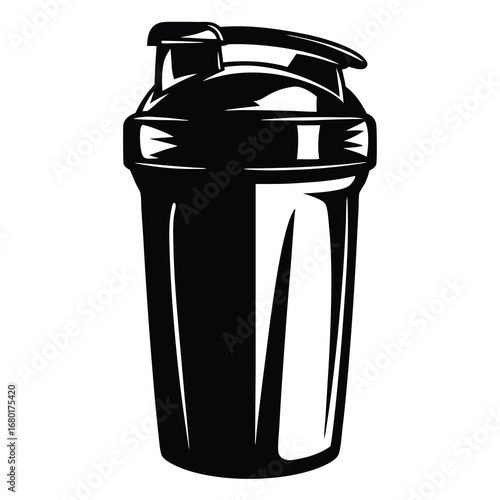 Black and white illustration of a protein shaker bottle for fitness