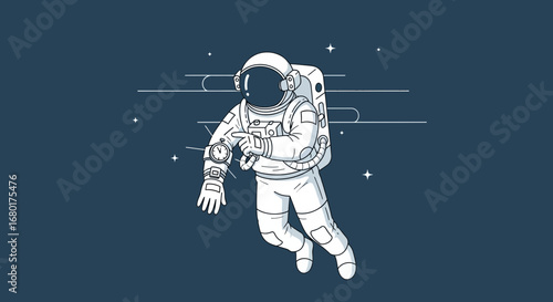 Stylized astronaut floating in space with a watch in a flat vector illustration