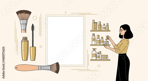 Stylized illustration showcasing cosmetics and skincare products with elegant design and