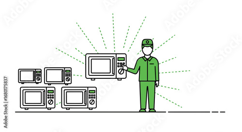 The microwave technician is surrounded by a lot of microwaves ready to check