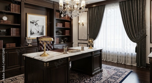 A luxurious classic home office featuring a marble executive desk, dark wood built-in bookshelves, an elegant crystal chandelier, and a sophisticated traditional design.