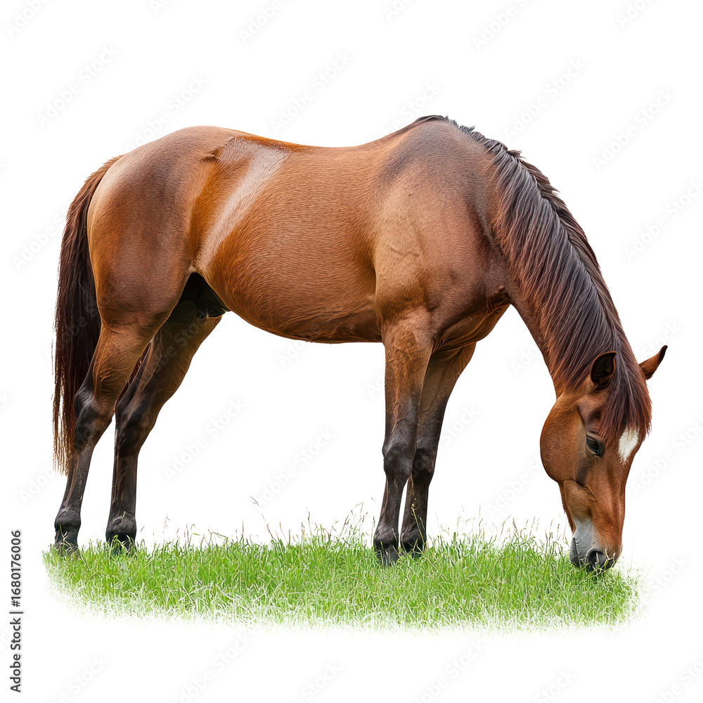 Fototapeta premium Horse grazing A horse lowers its head to nibble grass or plants, body relaxed. full length isolate on transparent background
