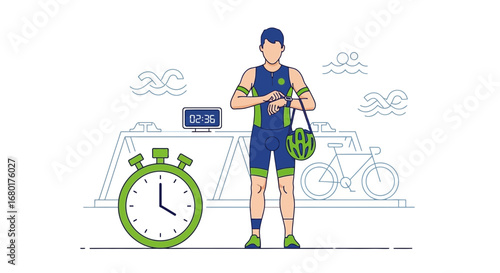 Triathlete preparing and checking time before the triathlon competition begins soon