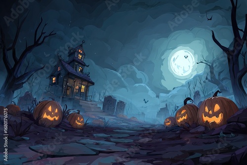 Spooky Halloween night scene with haunted house, pumpkins, and graveyard