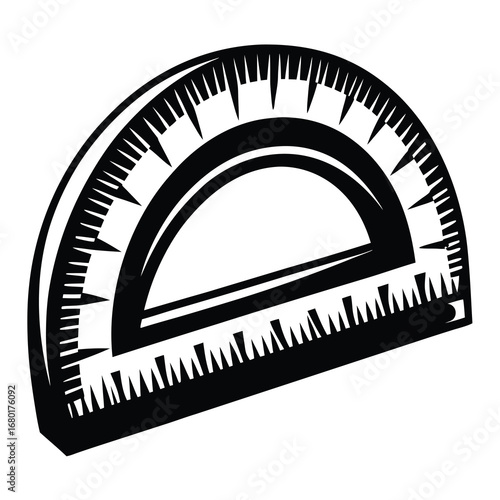 Black and white illustration of a protractor for angle measurement and mathematics