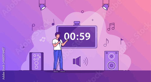 Vector illustration showcasing a stage performance with timer and music notes with spotlight