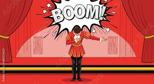 Vector illustration of a stage performance with the word BOOM in comic style