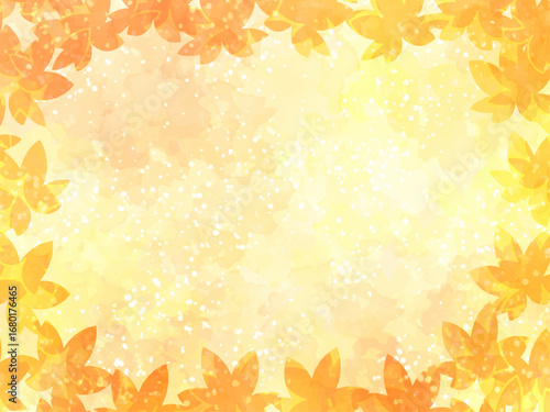 秋の紅葉のイメージの背景素材。水彩風テクスチャー。紅葉の葉っぱのシルエット。黄色い色調。ふんわりした光の輝き。広いコピースペース。
