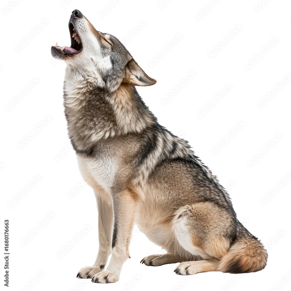 Obraz premium Wolf howling A wolf raises its head, mouth open, emitting a howl into the night. full length isolate on transparent background