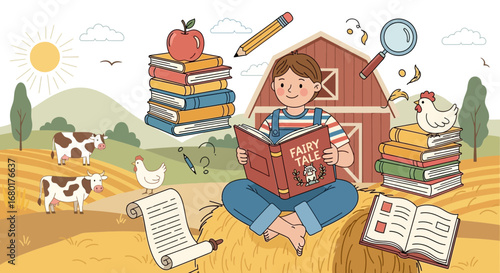 Whimsical countryside learning with a boy reading fairy tales in a barnyard scenery