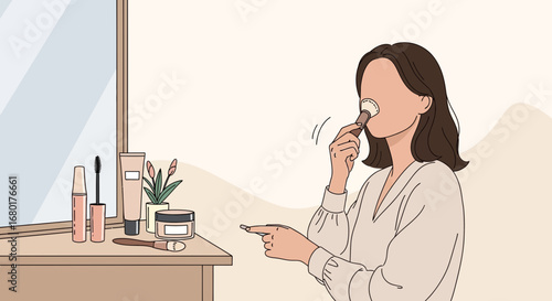 Woman applying makeup at her vanity table, illustration of beauty routine
