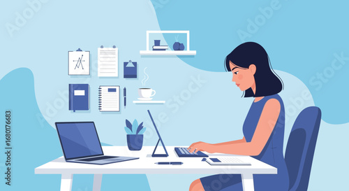 Woman working from home with laptop and office supplies in blue environment