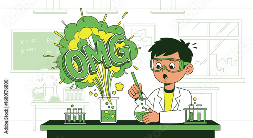 Young scientist with exploding chemical experiment creating an unexpected reaction