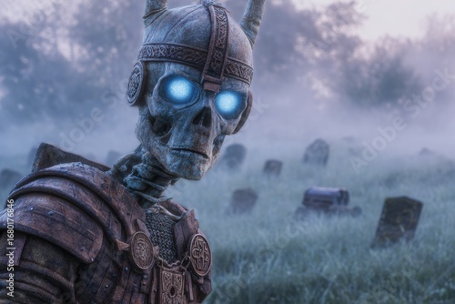 Mystical Skeleton in a Foggy Graveyard Scene