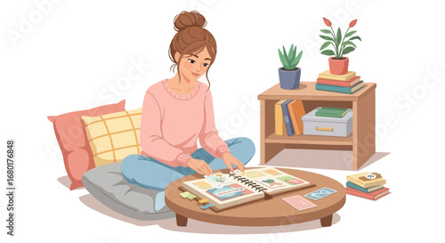 Young woman creating a beautiful scrapbook with cherished memories in a cozy room