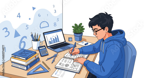 Young student focused on mathematical studies at desk with laptop and textbook