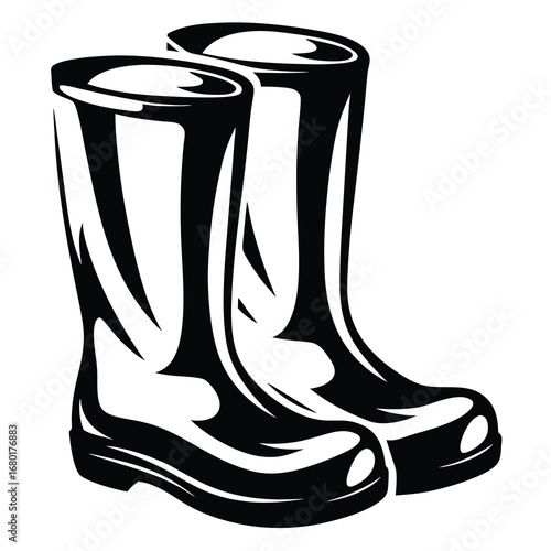 Pair of monochrome rain boots illustration on an isolated white background