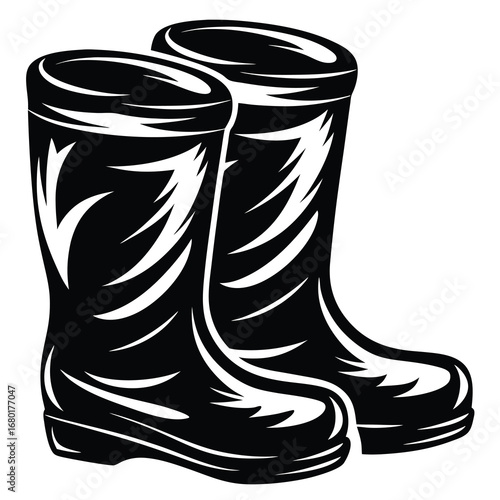 Stylized black and white vector illustration of a pair of rubber boots