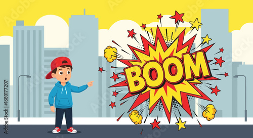 Young boy witnessing a comic book style explosion in the urban landscape illustration