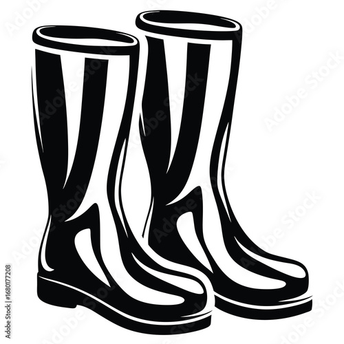 Two Rubber Rain Boots in Black and White Vector Illustration Art