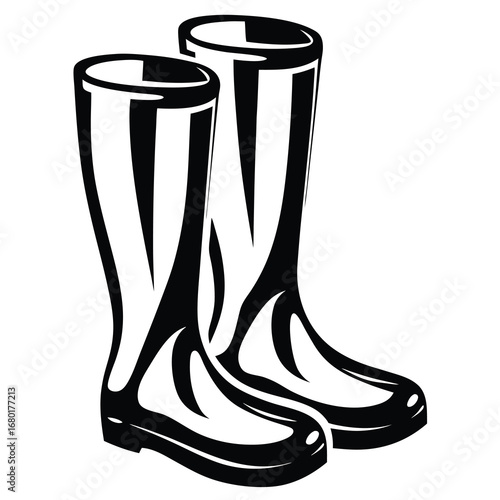 Illustration of a pair of high black and white rubber rain boots