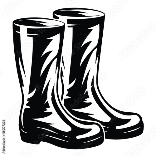 Stylized Black and White Vector Illustration of Two Rubber Rain Boots