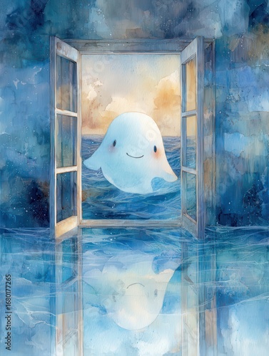 Cute Ghostly Character in Blue Water Scene