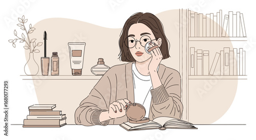Young woman applying makeup in a cozy home setting with bookshelf and books