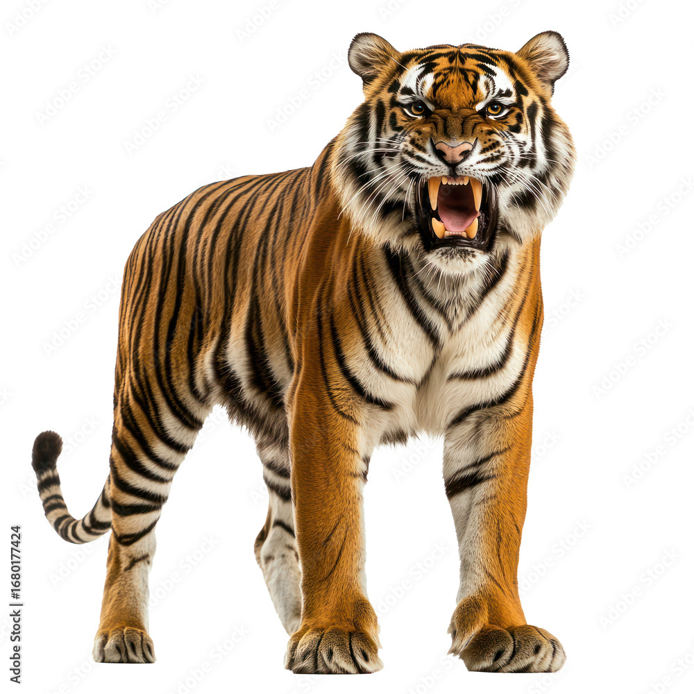 Obraz premium Tiger growling A tiger stands with its mouth slightly open, letting out a deep growl. full length isolate on transparent background