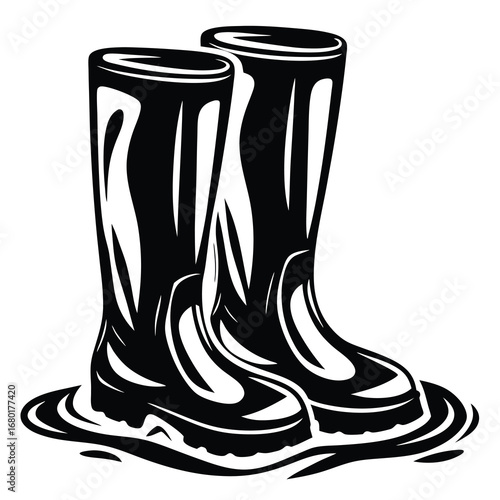 Muddy Black Rubber Boots Illustration Perfect for Rainy Weather Activities